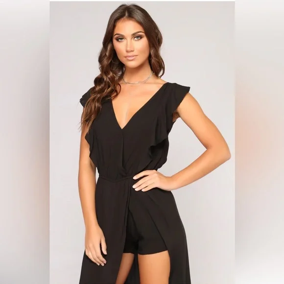 slim fit dress slacks Black Tropical Print V-Neck Maxi Romper With Open Back main image 1